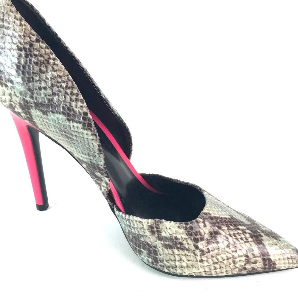 Guess Faux Snakes Skin Cut Away Stilettos with Hot Pink Heels